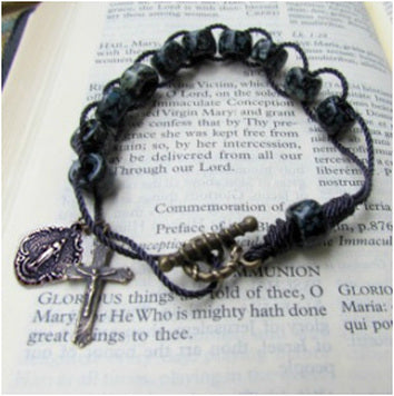 Cord Rosary Bracelet, Black Speckle Bead