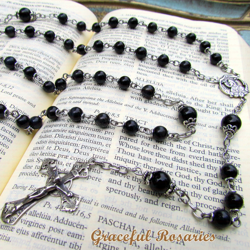 Heirloom, Catholic Rosary, Black Onyx Gemstone with Sterling Silver