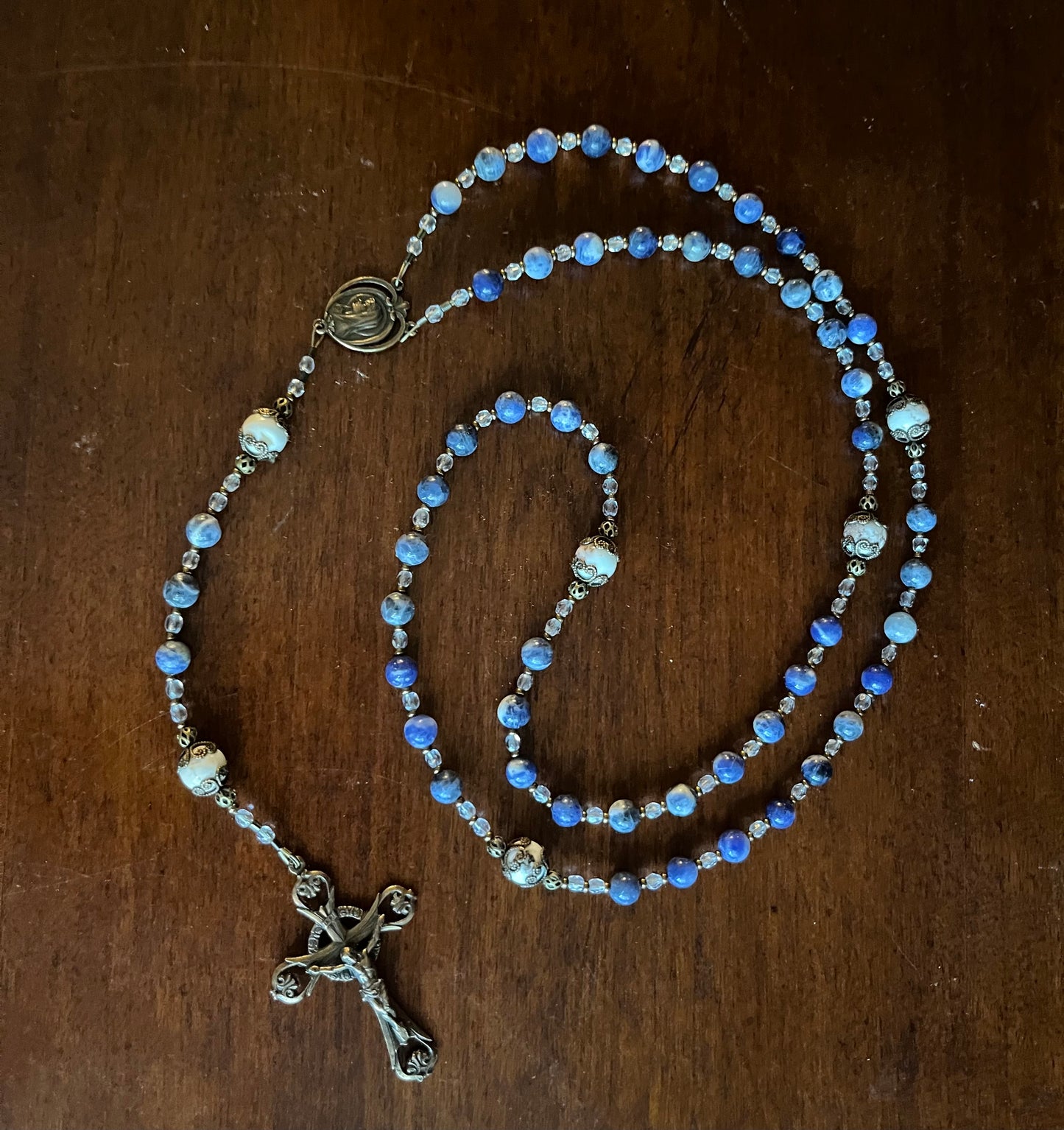 Blue Sodalite & Riverstone Catholic Rosary – Cable strung Artisan Gemstone Rosary