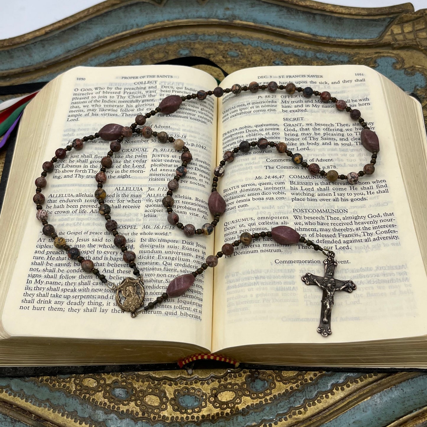 Handmade Leopardskin Jasper and Rhodonite Catholic Rosary – Bronze Crucifix & Sacred Heart Center | Cable Strung Rosary