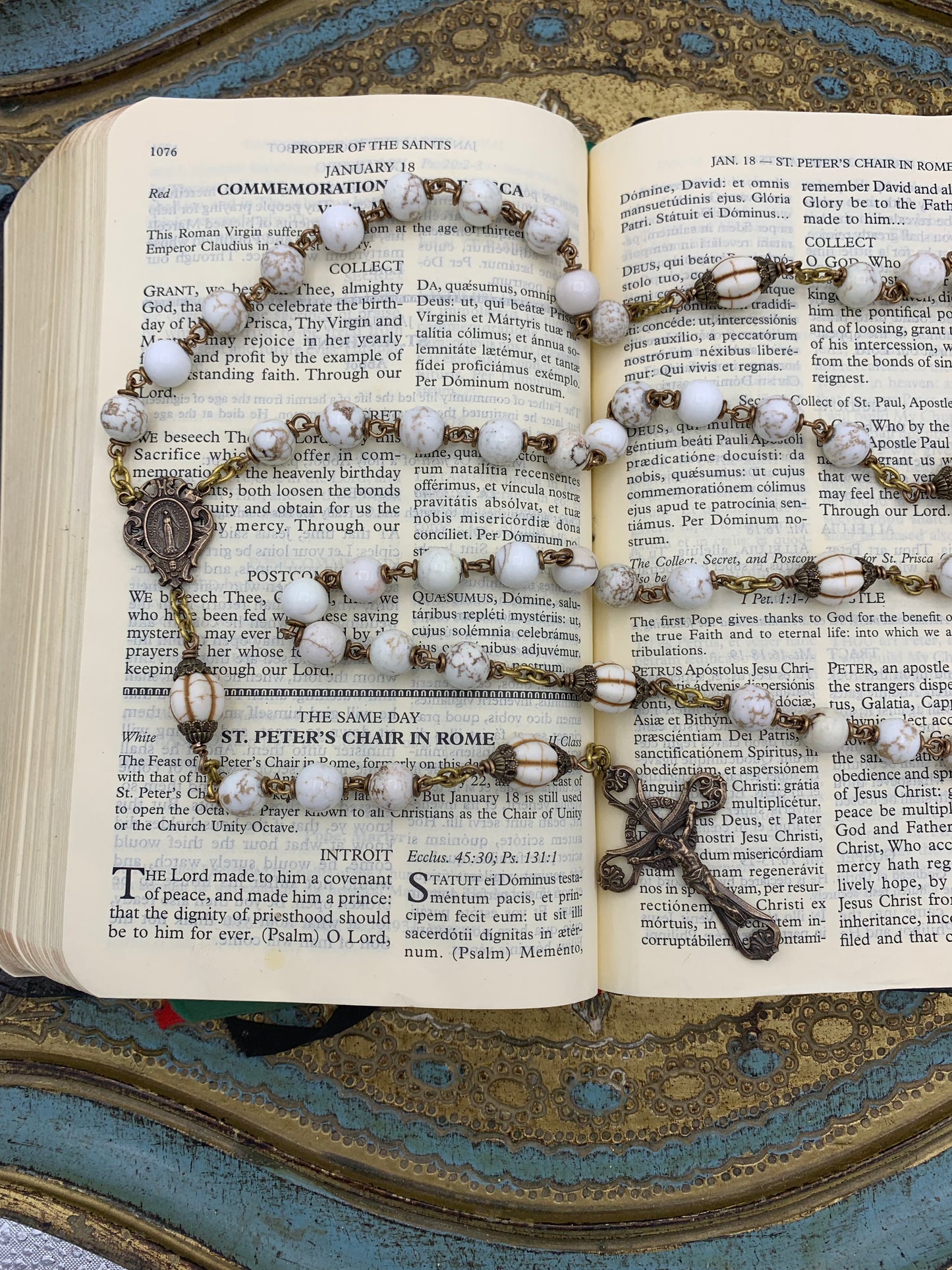 Heirloom Rosary, White Howlite and Carved Bone