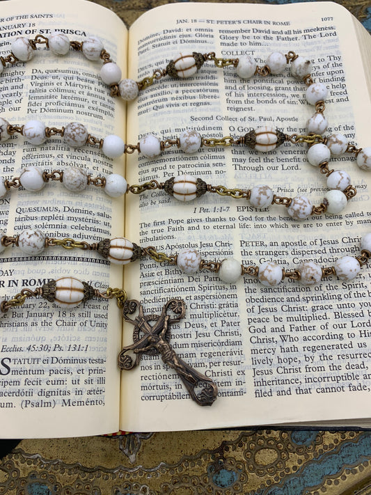 Heirloom Rosary, White Howlite and Carved Bone