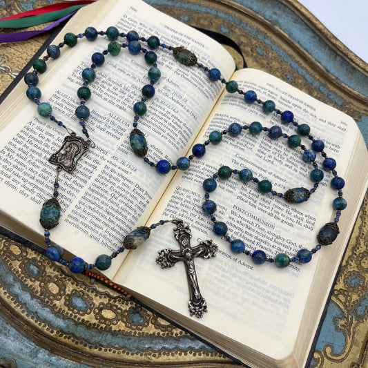 Handmade Azurite and Lapis Lazuli gemstone Catholic rosary with bronze crucifix and Marian centerpiece