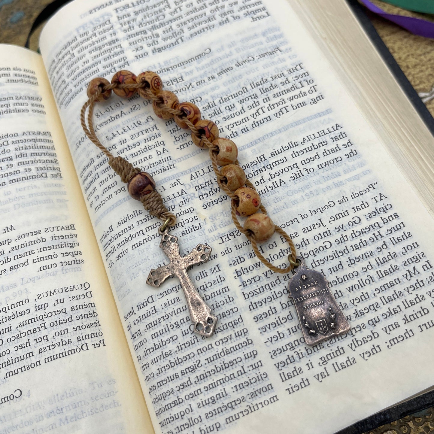 Sacrifice Beads Sliding Rosary Tenner – Good Deed Beads with Cream wood beads Bronze Crucifix & St. Thérèse Medal