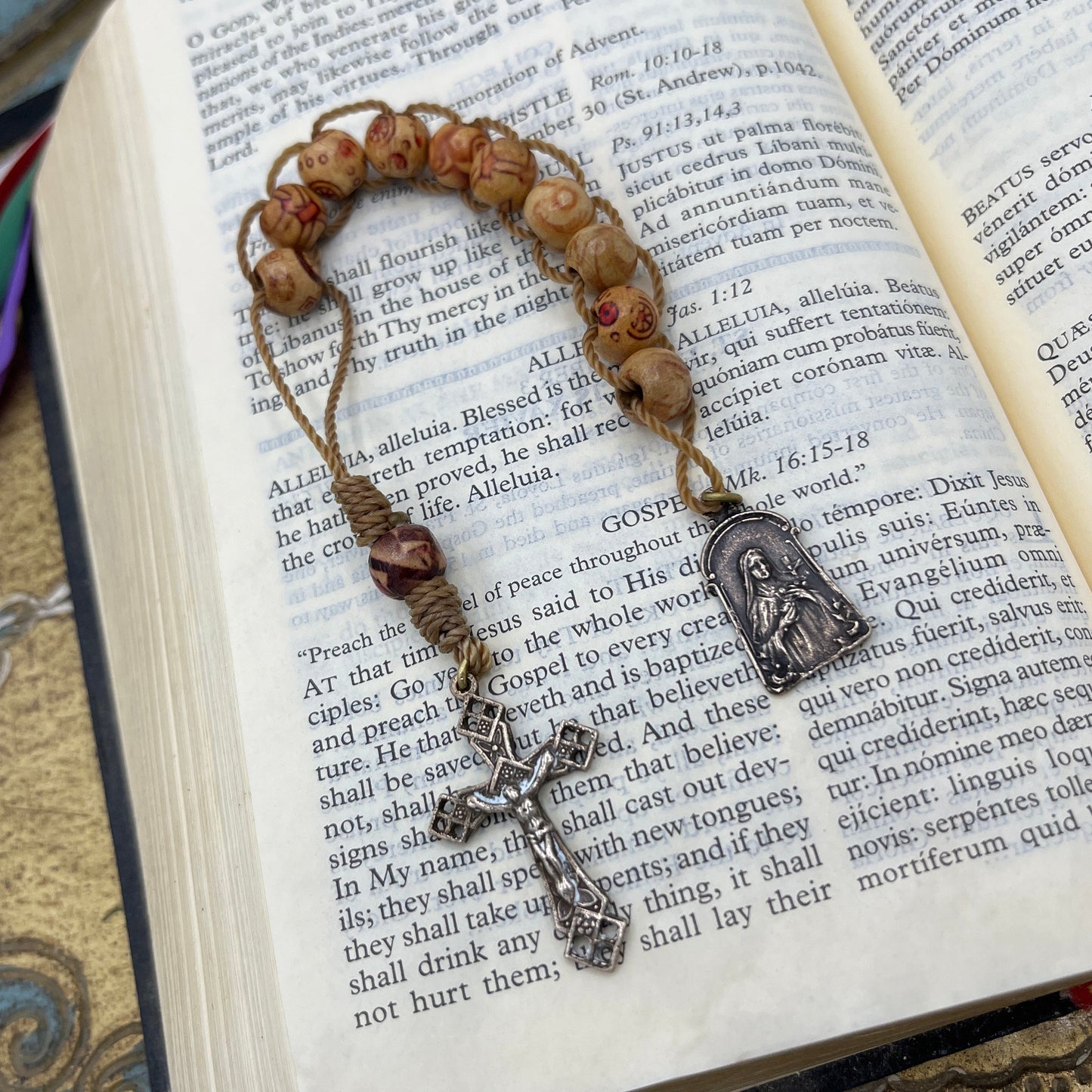 Sacrifice Beads Sliding Rosary Tenner – Good Deed Beads with Cream wood beads Bronze Crucifix & St. Thérèse Medal