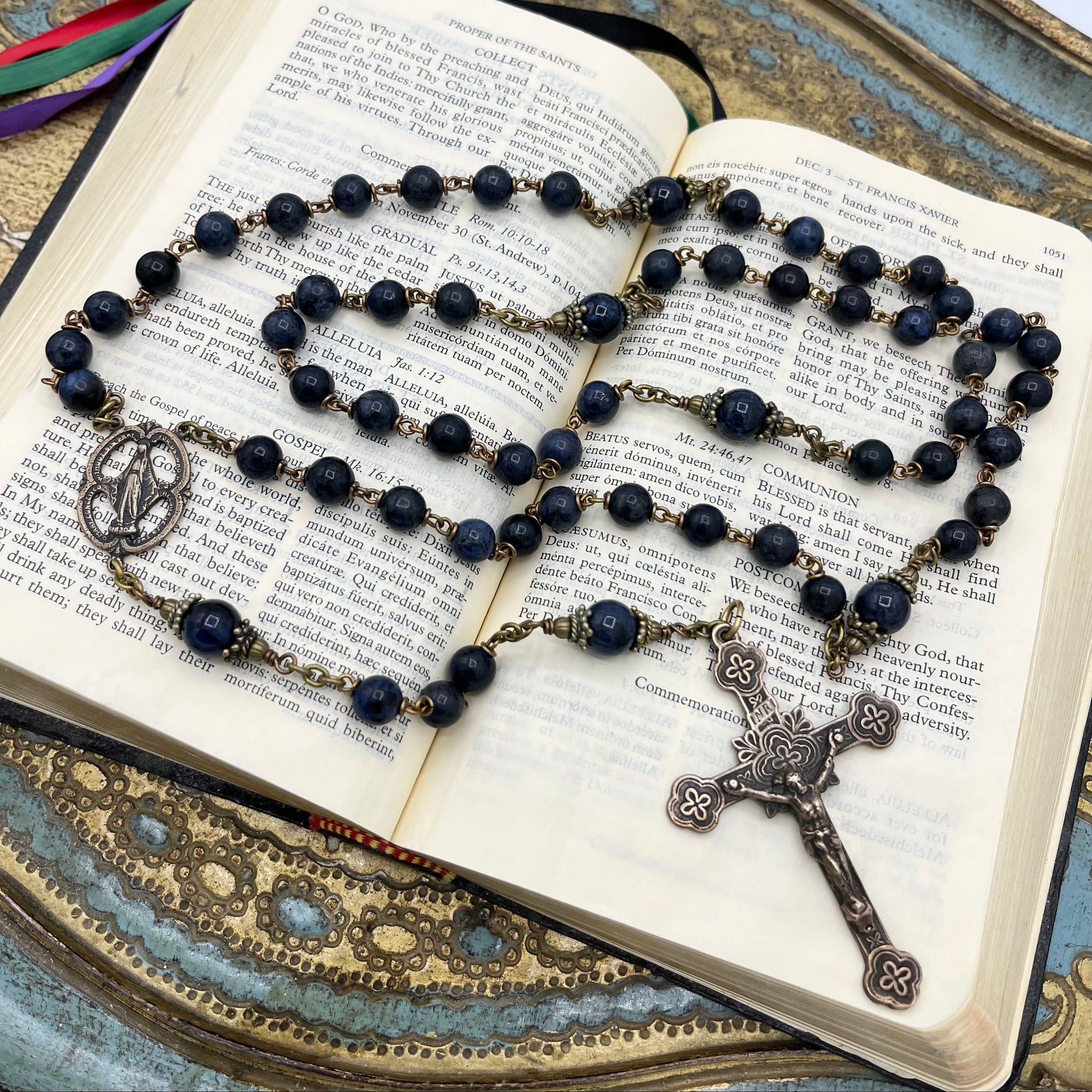 Handcrafted blue Dumortierite gemstone rosary with solid bronze crucifix and Miraculous Medal center, heirloom quality design