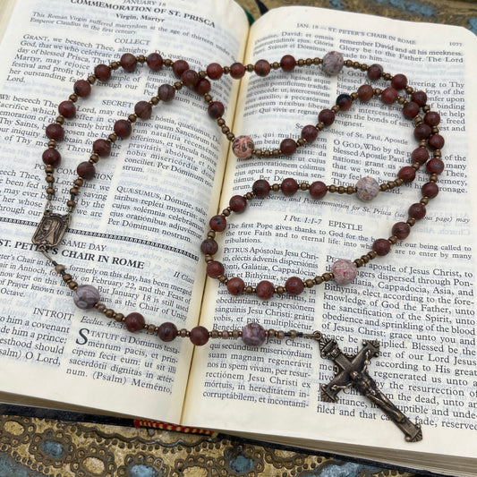Handmade Brecciated Jasper Catholic rosary with 8mm gemstone beads, black onyx pater beads, solid bronze crucifix, and Sacred Heart center.