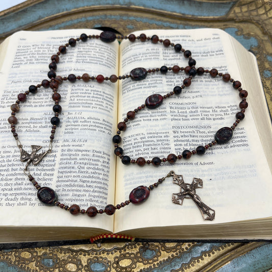 Handmade brecciated jasper Catholic rosary with Holy Spirit center and bronze crucifix designed for Confirmation