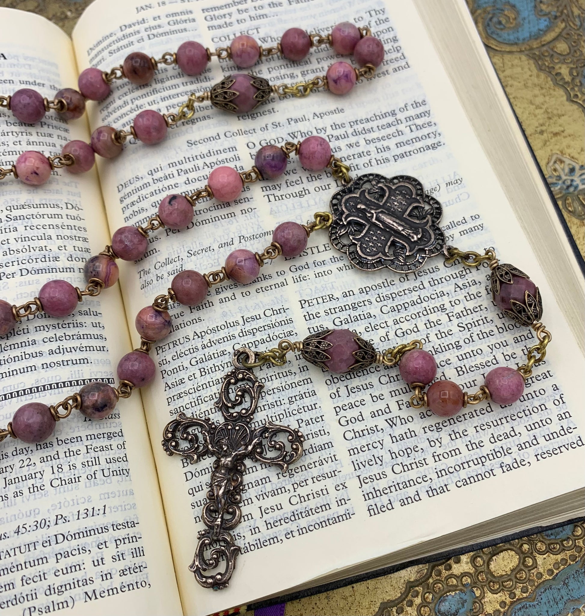 Pink Rhodonite Hand made Heirloom Rosary with Bronze medals