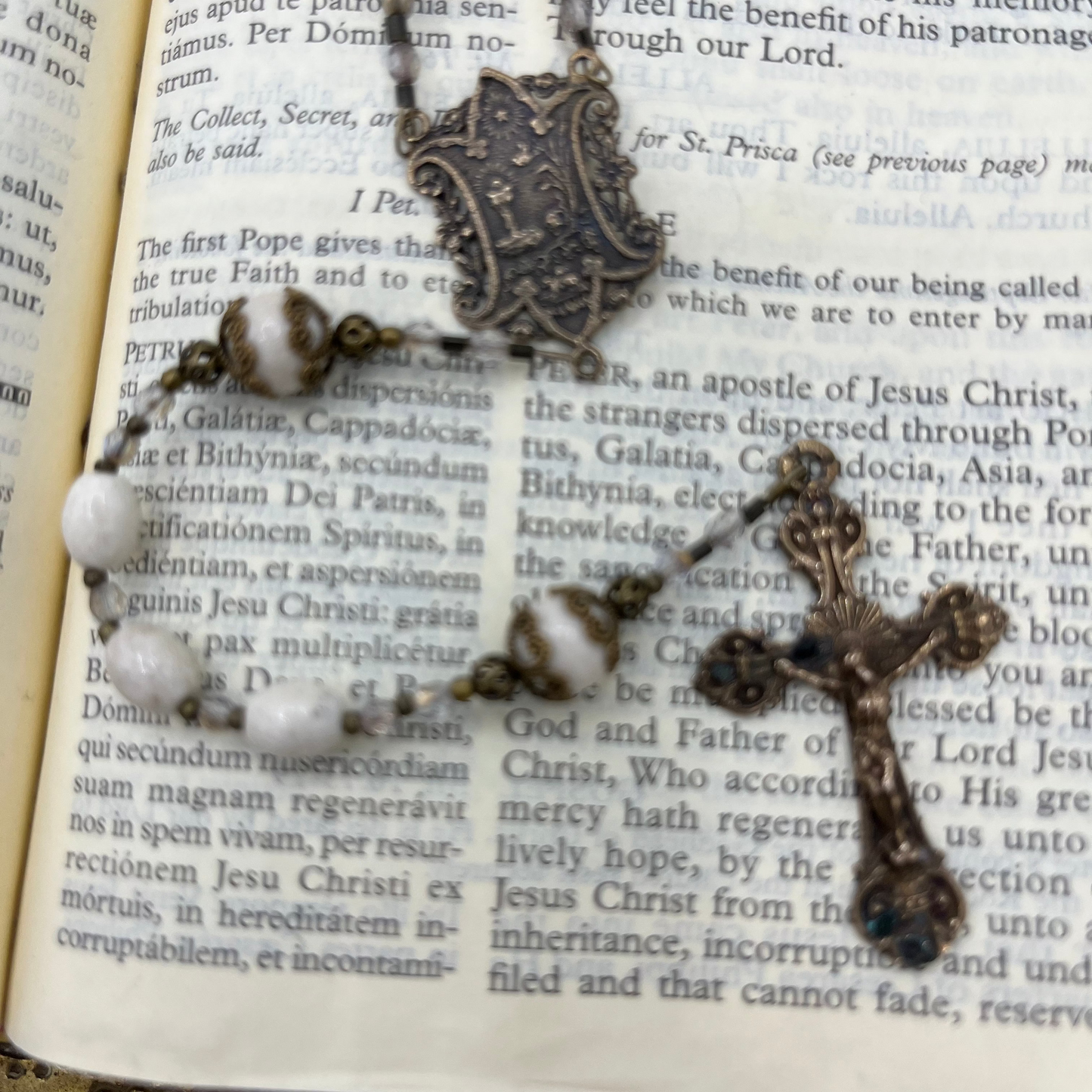 Handcrafted First Communion rosary with Antique Chalice Center, Riverstone natural gemstone beads and antique bronze components, durable Catholic prayer rosary for men or women.