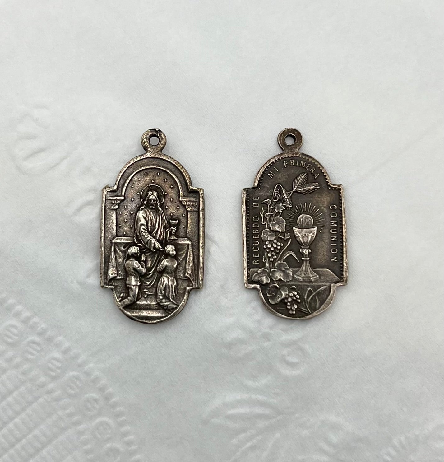 First Holy Communion solid bronze hand cast medal necklace, 1-inch pendant showing children receiving Communion from Jesus, reverse with chalice and wheat, available with 18- or 20-inch chain