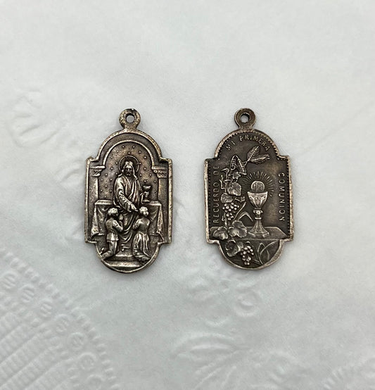 First Holy Communion solid bronze hand cast medal necklace, 1-inch pendant showing children receiving Communion from Jesus, reverse with chalice and wheat, available with 18- or 20-inch chain