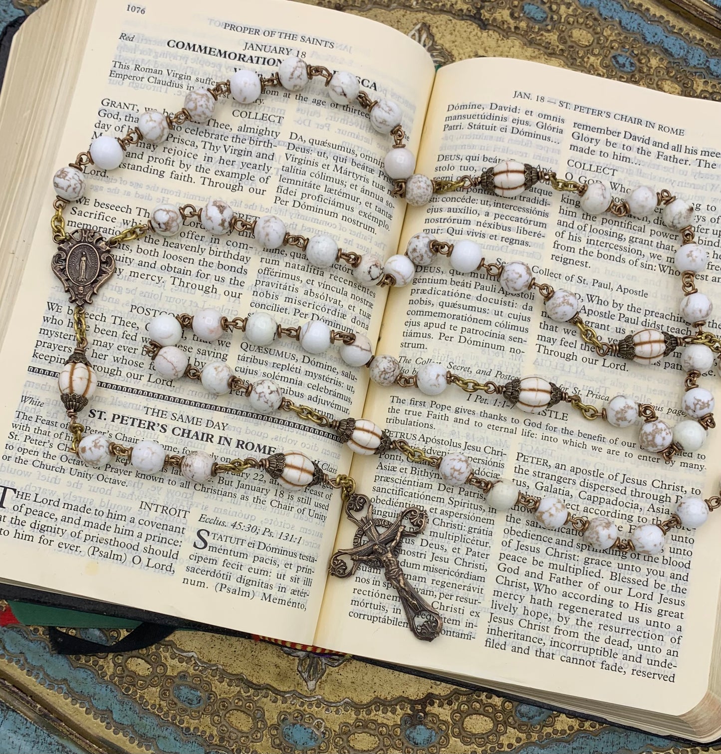 Heirloom Rosary, White Howlite and Carved Bone