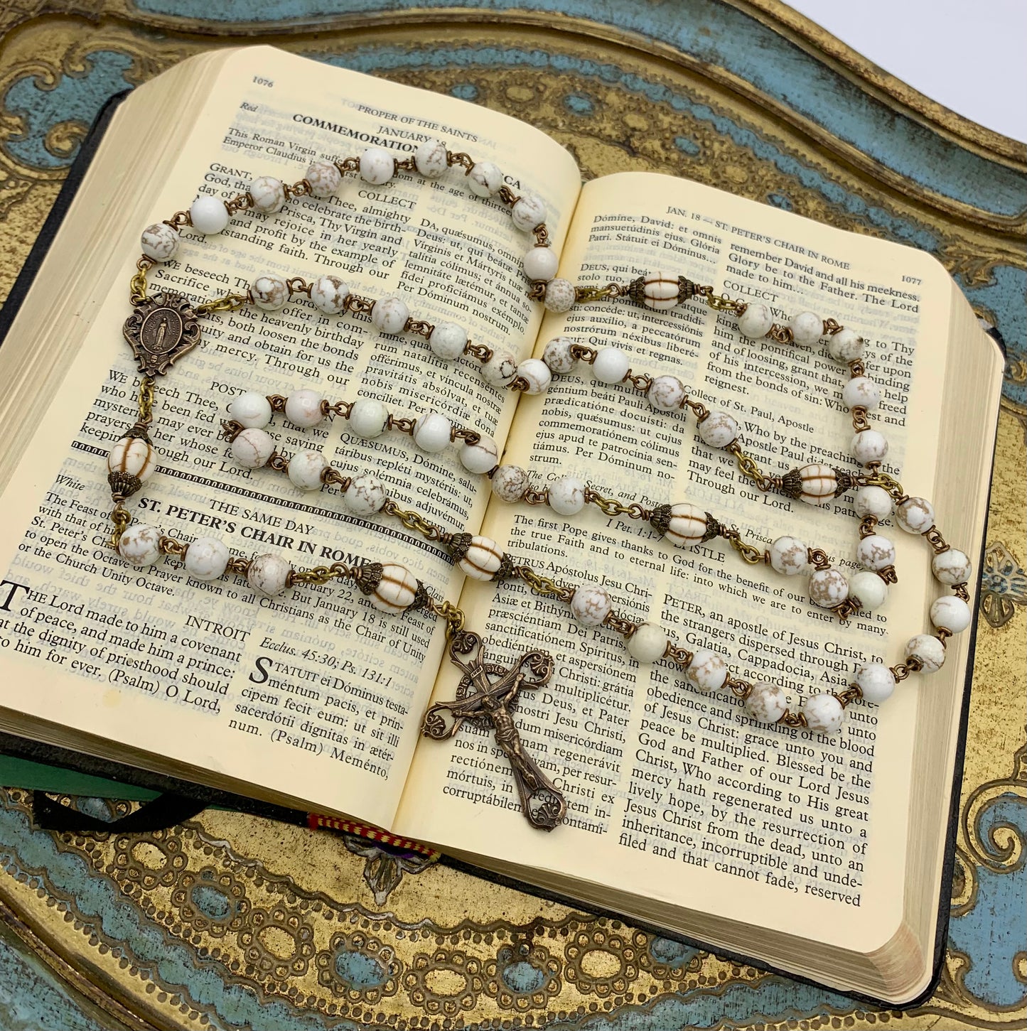 Heirloom Rosary, White Howlite and Carved Bone