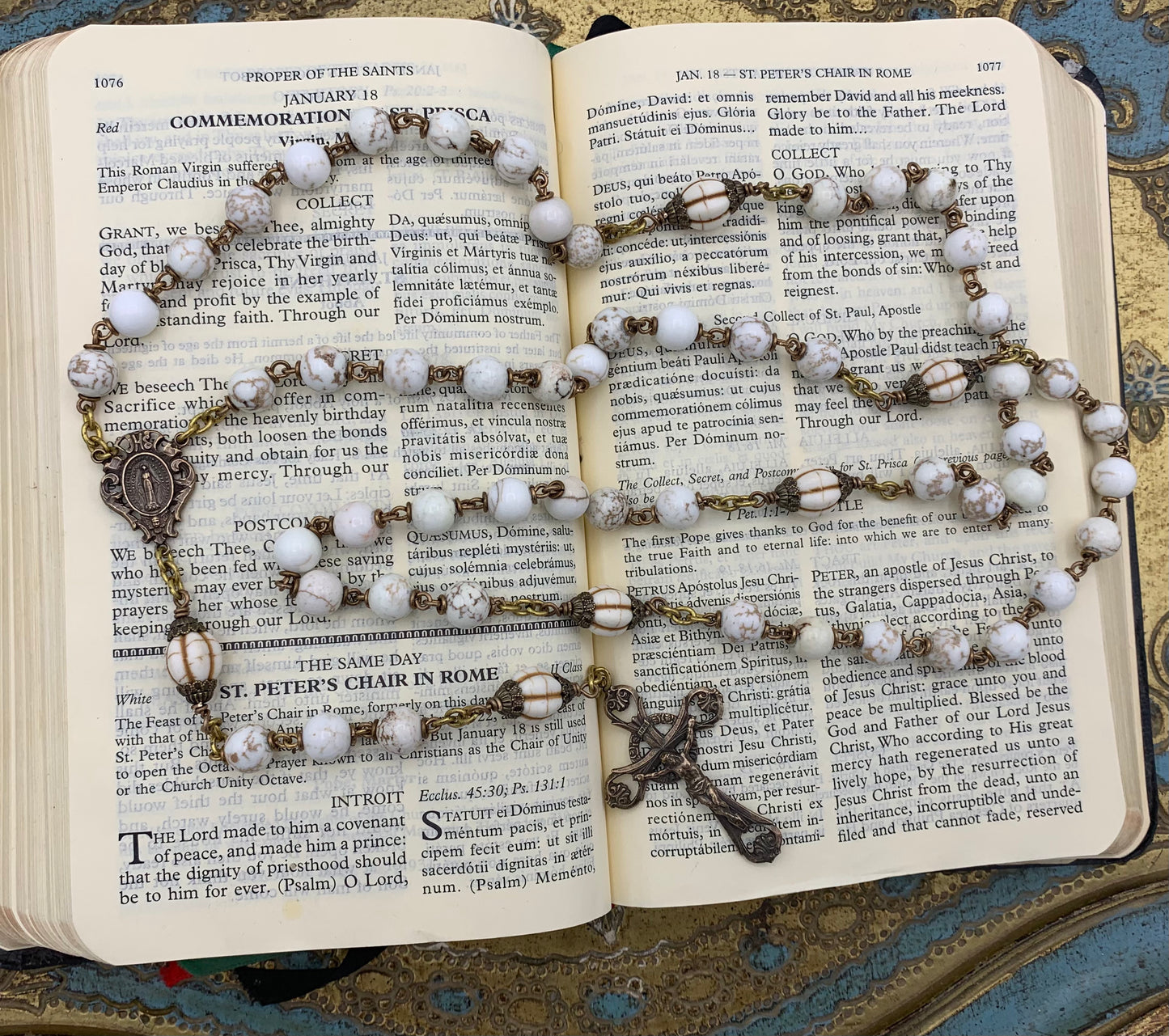 Heirloom Rosary, White Howlite and Carved Bone