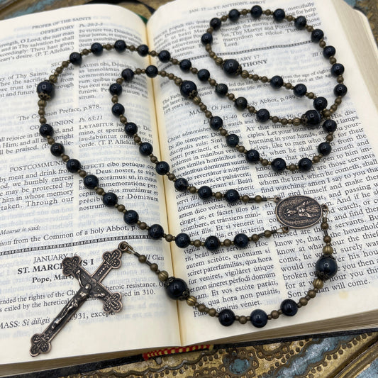 Handmade Catholic rosary with natural Blue Tiger Eye gemstone beads and antique bronze crucifix, traditional gemstone prayer rosary for men or women.