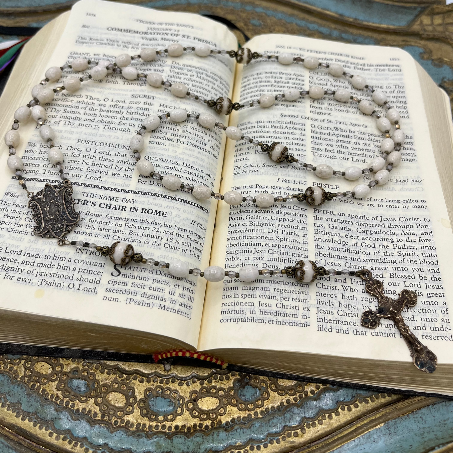 Handmade Catholic rosary with natural Riverstone gemstone beads and antique bronze crucifix, traditional gemstone prayer beads handcrafted with durable wire.
