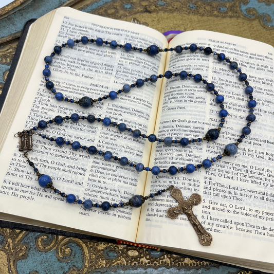 Blue Dumortierite Gemstone Rosary - Handmade Catholic Rosary for Men and Women with Ornate Bronze Crucifix and Miraculous Medal Center