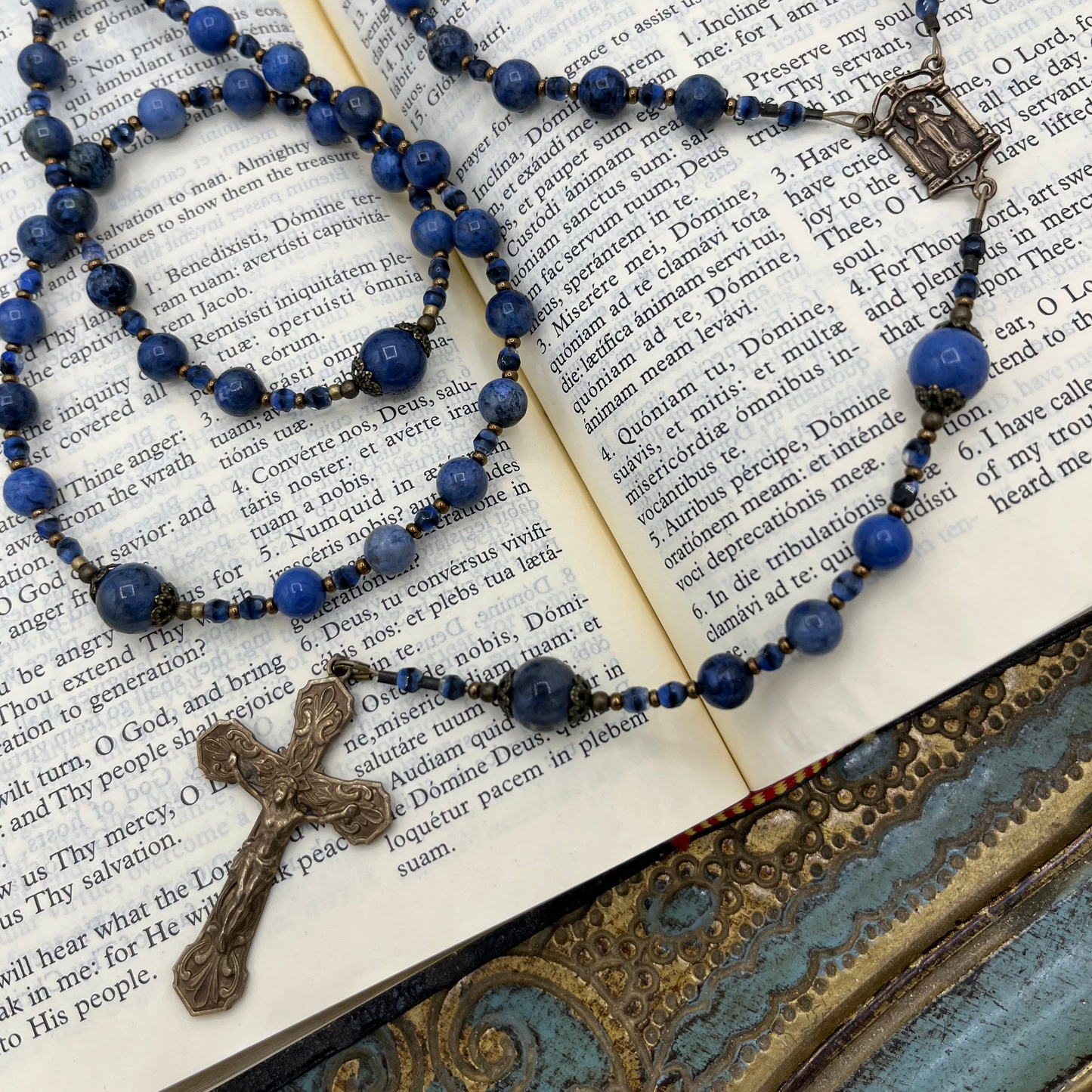 Blue Dumortierite Gemstone Rosary - Handmade Catholic Rosary for Men and Women with Ornate Bronze Crucifix and Miraculous Medal Center