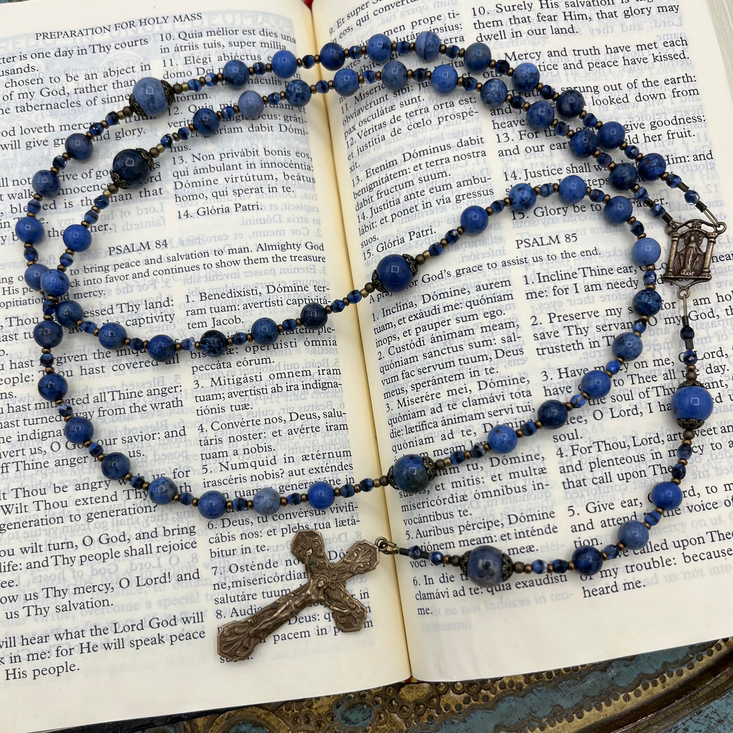 Blue Dumortierite Gemstone Rosary - Handmade Catholic Rosary for Men and Women with Ornate Bronze Crucifix and Miraculous Medal Center