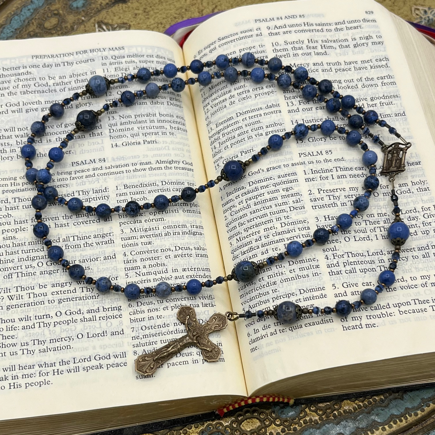 Blue Dumortierite Gemstone Rosary - Handmade Catholic Rosary for Men and Women with Ornate Bronze Crucifix and Miraculous Medal Center