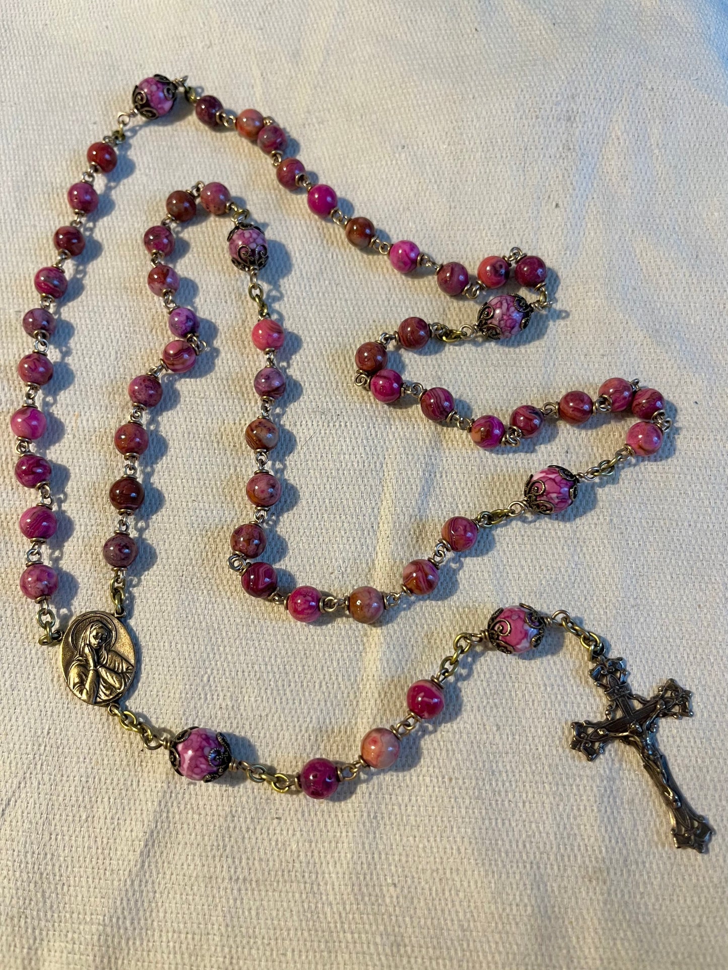 Custom Heirloom Rosary of Pink Crazy Lace Agate