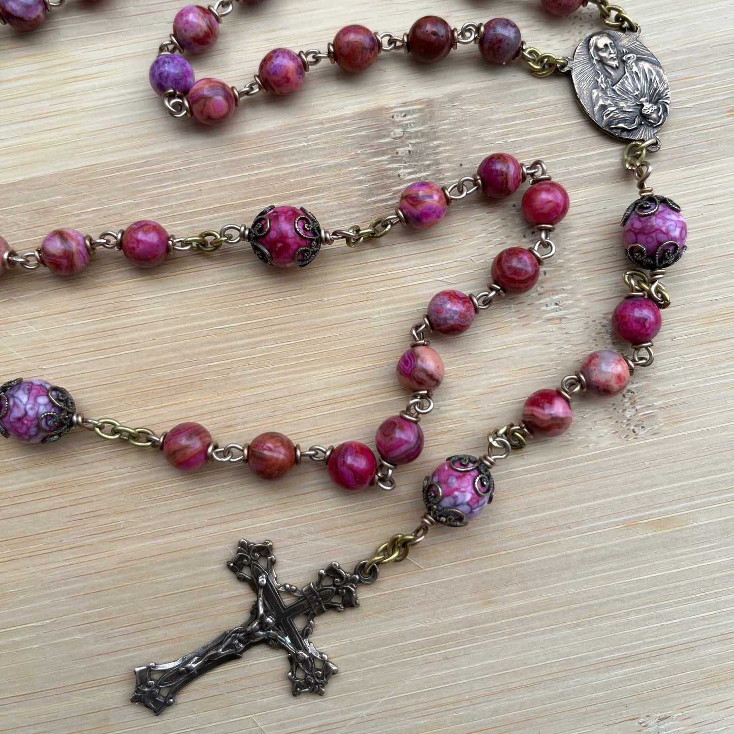 Custom Heirloom Rosary of Pink Crazy Lace Agate