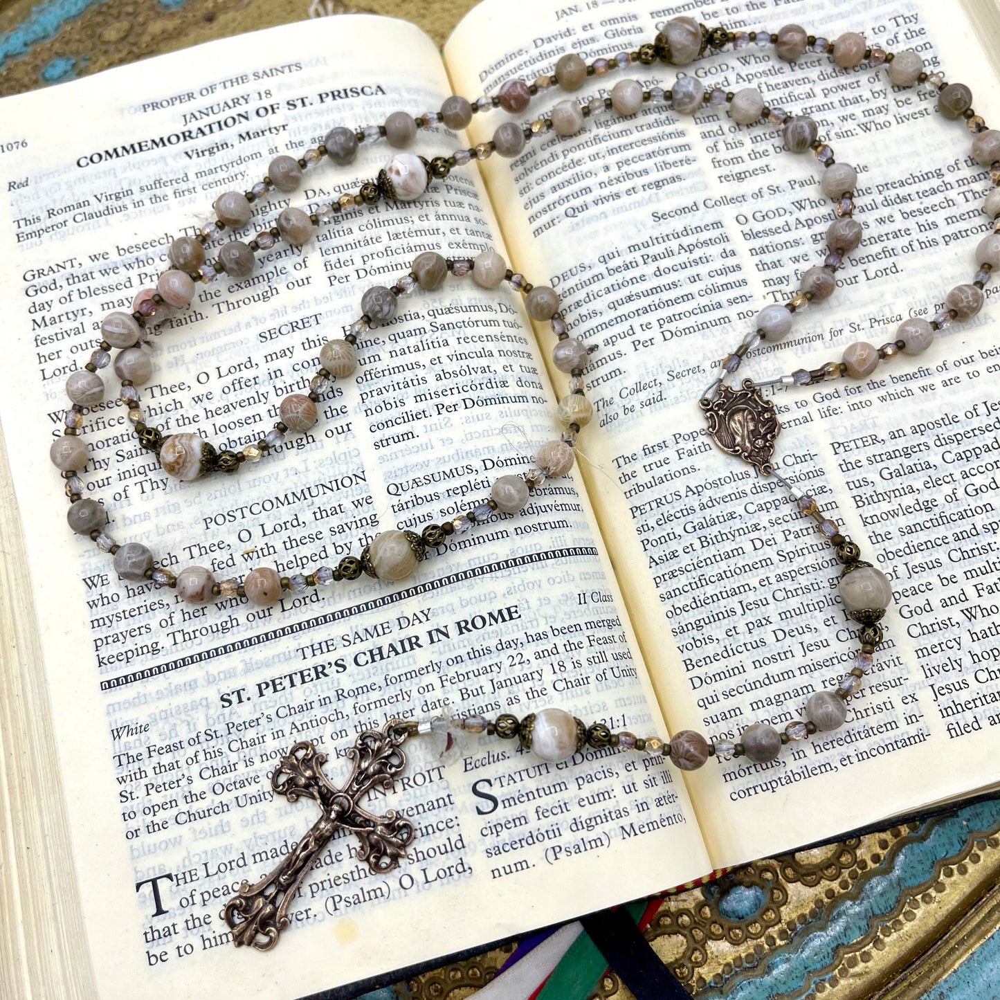 Strung Rosary, Bronze Fossil Coral Gemstone