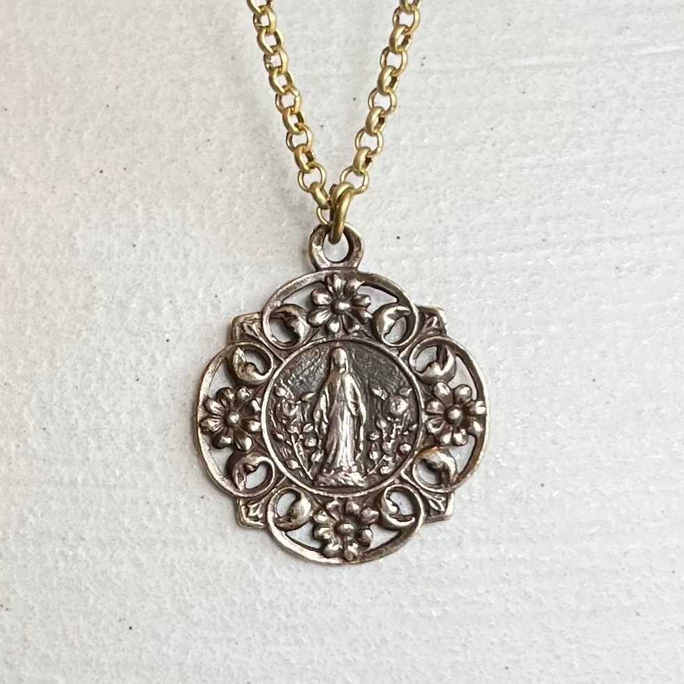 Mary Many Flowers solid bronze Catholic medal on 18-inch brass chain, 1-inch hand cast Marian pendant with vintage patina, devotional necklace for women