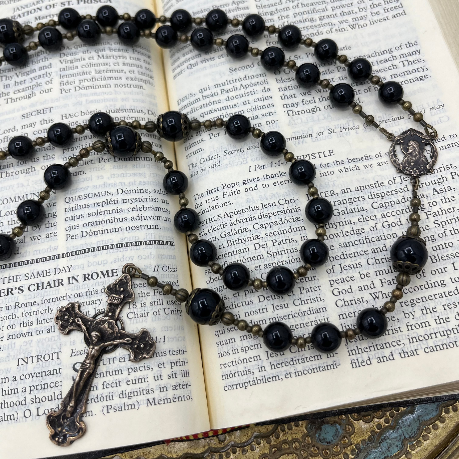 Handmade men’s Black Onyx gemstone Catholic rosary with solid bronze crucifix and center