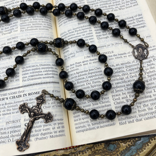 Handmade men’s Black Onyx gemstone Catholic rosary with solid bronze crucifix and center