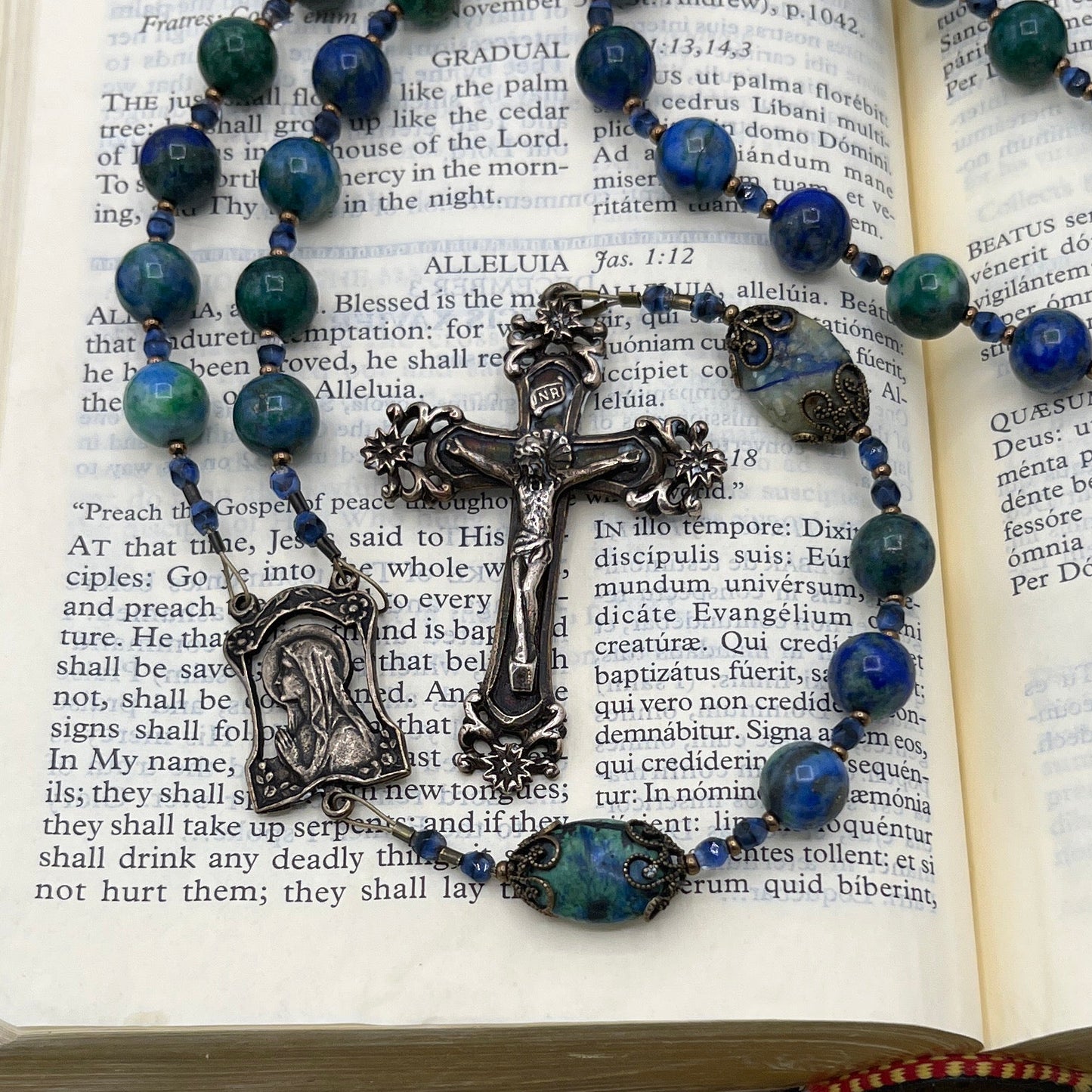 Large bronze crucifix with flowers and scrolls and Marian centerpiece on Azurite Lapis Lazuli rosary