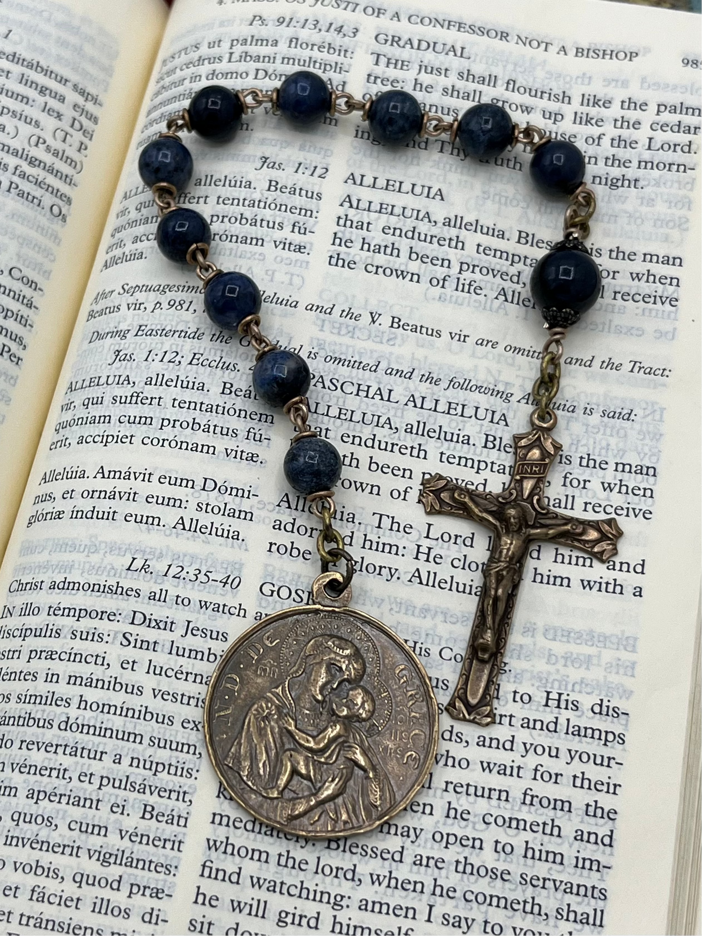 Handmade St. Joan of Arc one-decade pocket rosary with genuine Blue Dumortierite beads, hand-wired on solid bronze, featuring solid bronze crucifix and medal, durable artisan devotional rosary for daily prayer