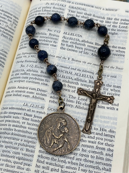 Handmade St. Joan of Arc one-decade pocket rosary with genuine Blue Dumortierite beads, hand-wired on solid bronze, featuring solid bronze crucifix and medal, durable artisan devotional rosary for daily prayer