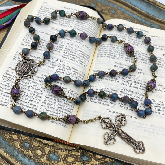 Handmade Catholic rosary with ruby zoisite Ave beads, purple jasper Our Father beads, and solid bronze crucifix and center, crafted in heirloom quality