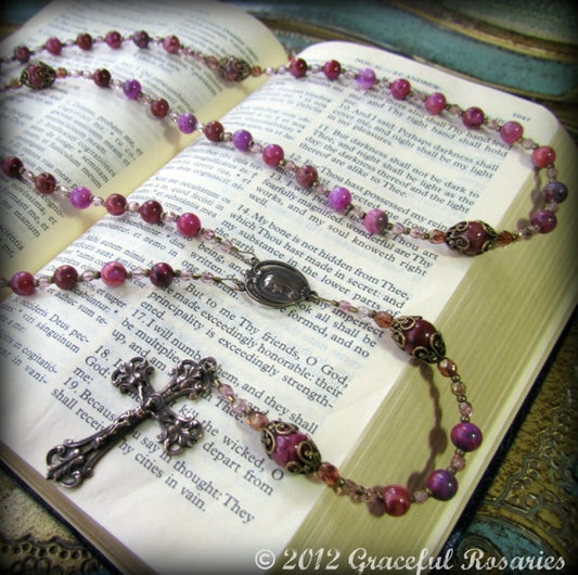 Cable Strung, Catholic Rosary, Pink Crazy Lace Agate