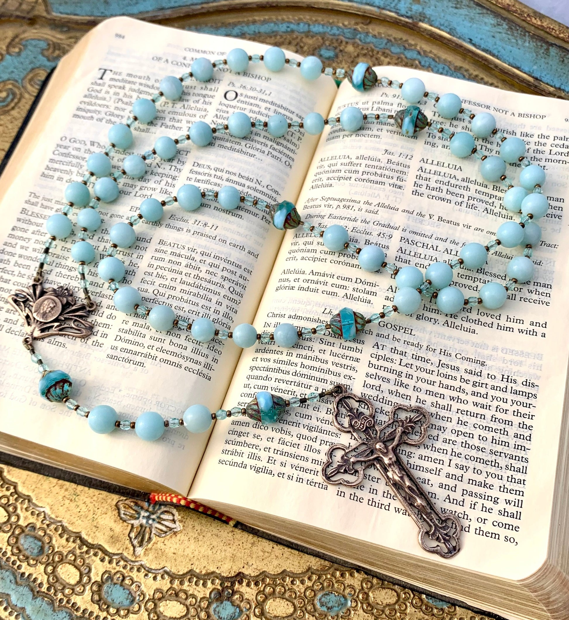 Handmade Catholic rosary with large 8mm Amazonite gemstone beads and bronze crucifix in a soft mint blue pastel color