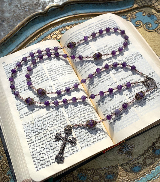 Handmade Amethyst gemstone Catholic rosary with solid bronze crucifix and Marian centerpiece