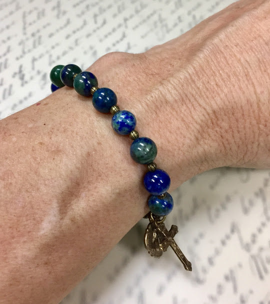 Beaded Rosary Bracelet, with Azurite Lapis Lazuli Gemstones