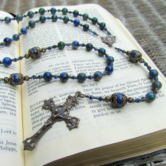 Cable Strung Rosary, Azurite Lapis Lazuli Gemstones