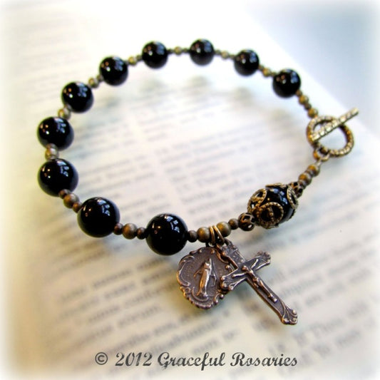 Beaded Rosary Bracelet, Black Onyx Gemstones,