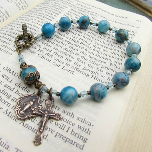 Beaded Rosary Bracelet, Blue Crazy Lace Agate gemstones