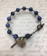 Beaded Rosary Bracelet, Blue Dumortierite Gemstone Catholic Handmade