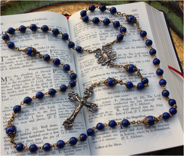 Heirloom Rosary, Lapis Lazuli Gemstone Catholic Handmade Vintage, large