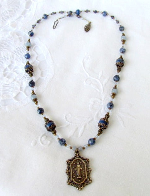 Catholic Jewelry, Necklace Blue Gemstones