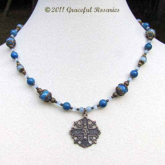 Catholic Jewelry, Necklace  Blue gemstone with Our Lady of Grace Bronze Medal Handmade