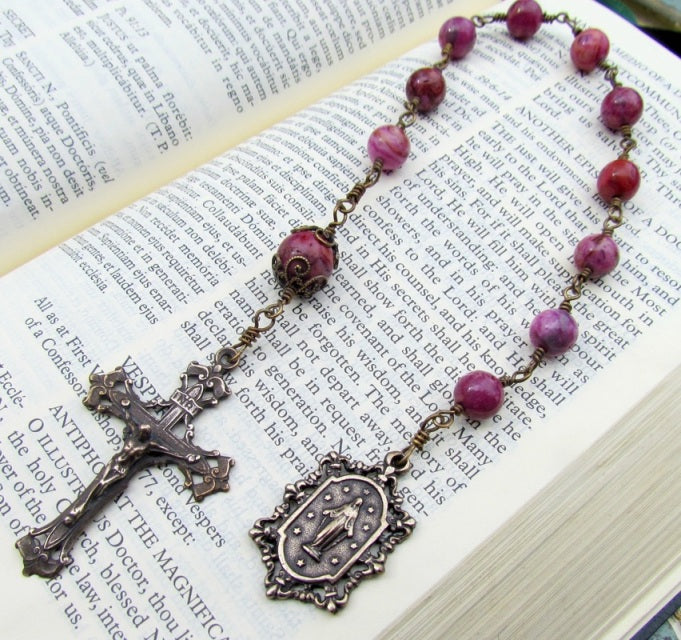 Tenner, Catholic Rosary, Miraculous Medal and  Crazy Lace Agate