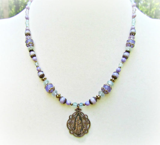 Catholic Jewelry Necklace, Fluorite and Lilac Riverstone