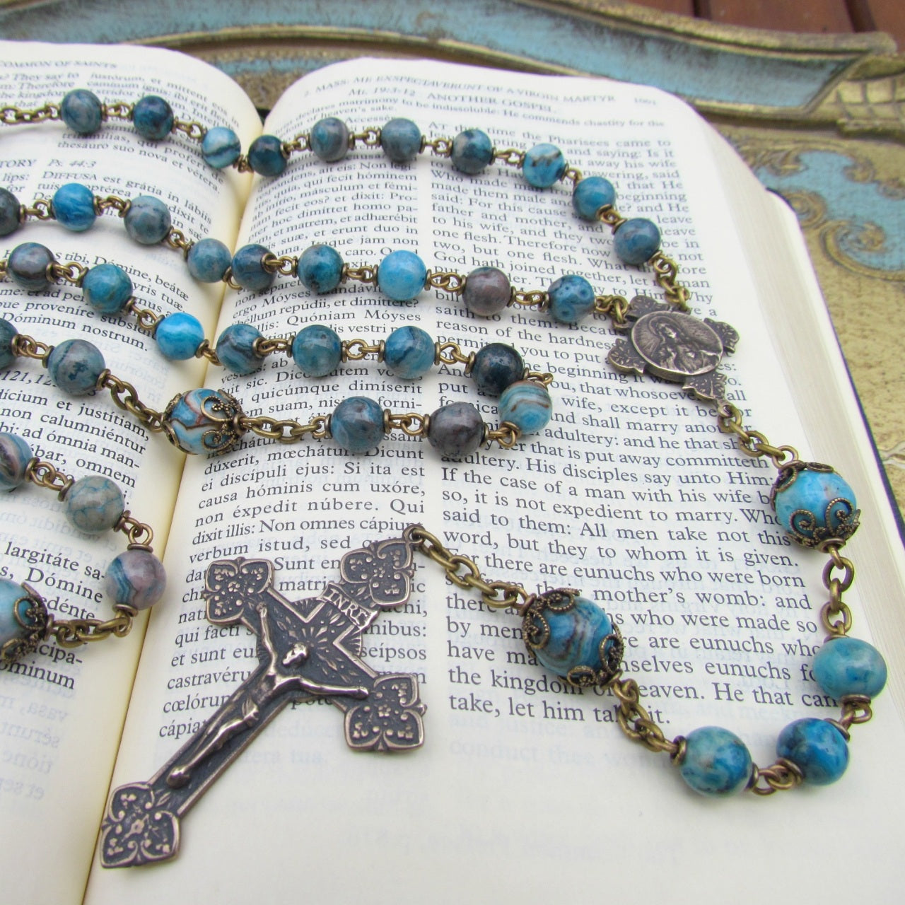 Heirloom Rosary, Blue Crazy Lace Agate Gemstones