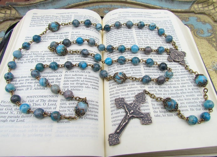 Heirloom Rosary, Blue Crazy Lace Agate Gemstones